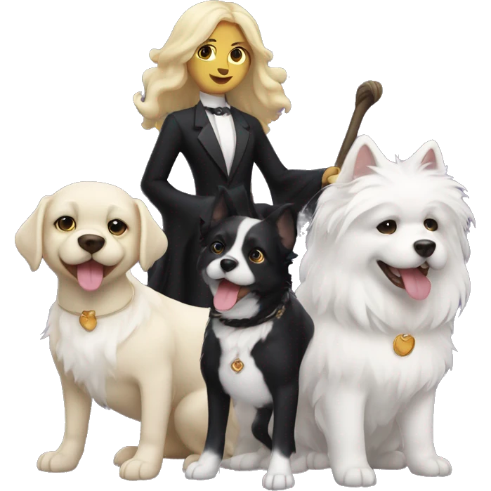 Witch with black hair and three dogs.  One short white fur, one with curly blond fur and a big black dog with white tuxedo  emoji