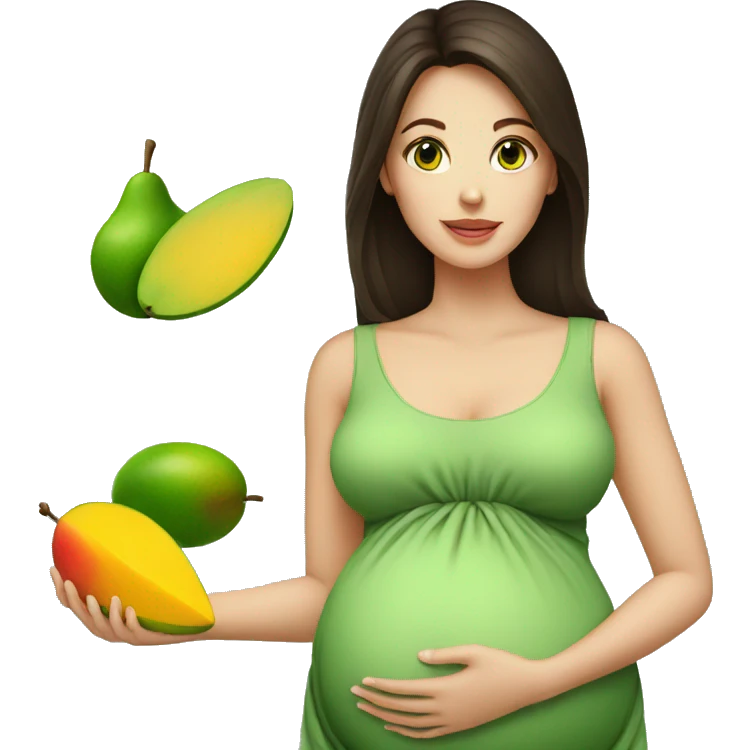 A brunette lady with green eyes pregnant with a mango emoji
