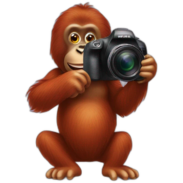 Orangutan taking photos with a camera emoji