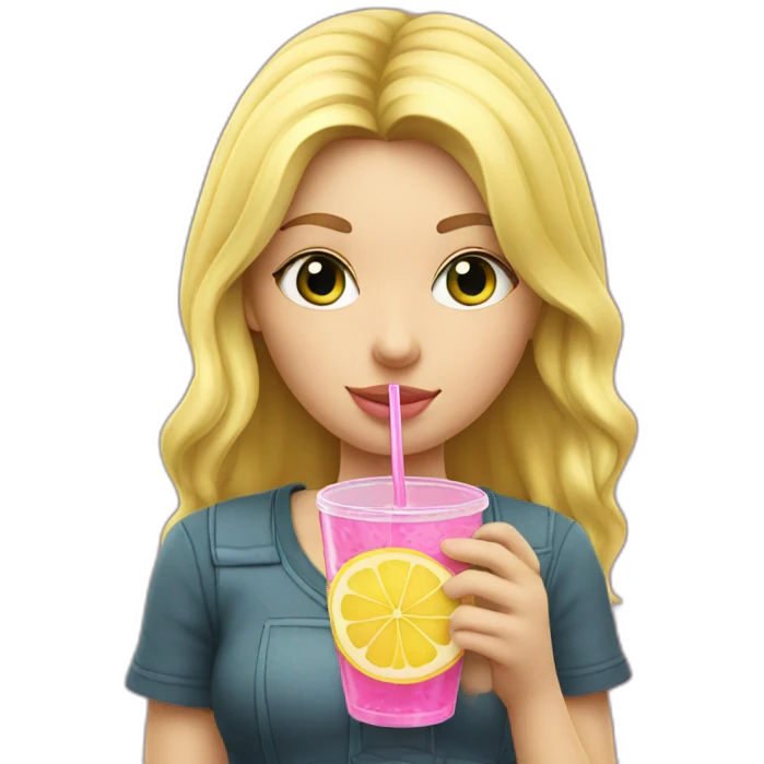 blonde girl straw drinking pink lemonade with one green lemon in the cup, with black watch emoji