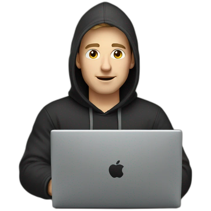 white man with a typing on apple computer wearing a black hoodie emoji