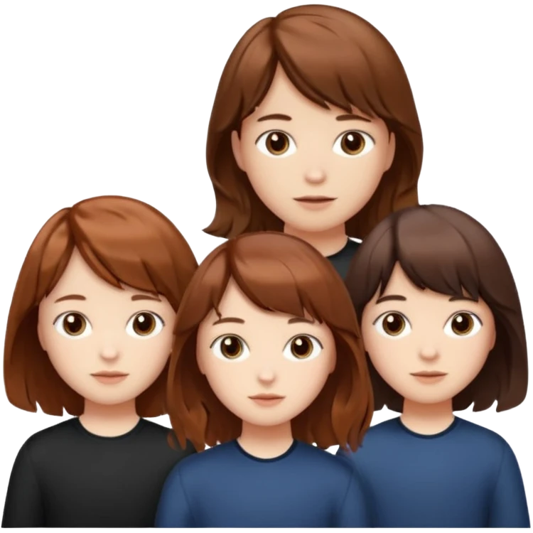Two girls and a boy. Girl one has long, wavy, light to reddish-brown hair with bangs. Girl two has a dark-colored bob haircut. The boy has wavy, tousled, light to reddish-brown hair with a right side parting. emoji