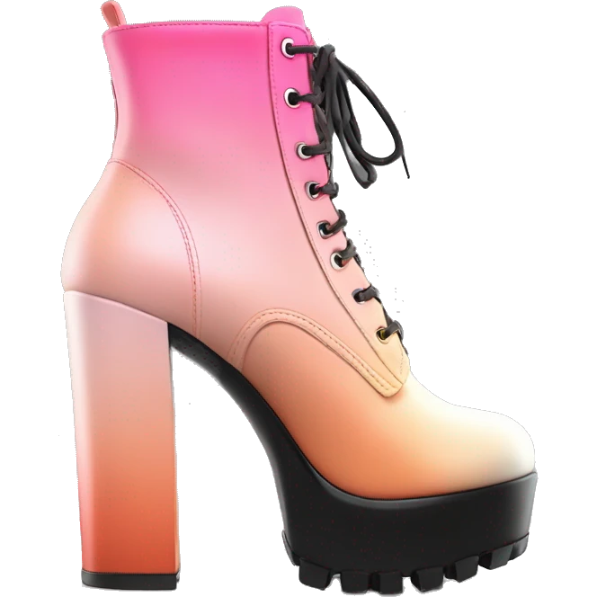 Hyper Realistic isolated top front view of a pair  of peach,pink and black ombre chunky heel zippered ankle bootie boots. emoji