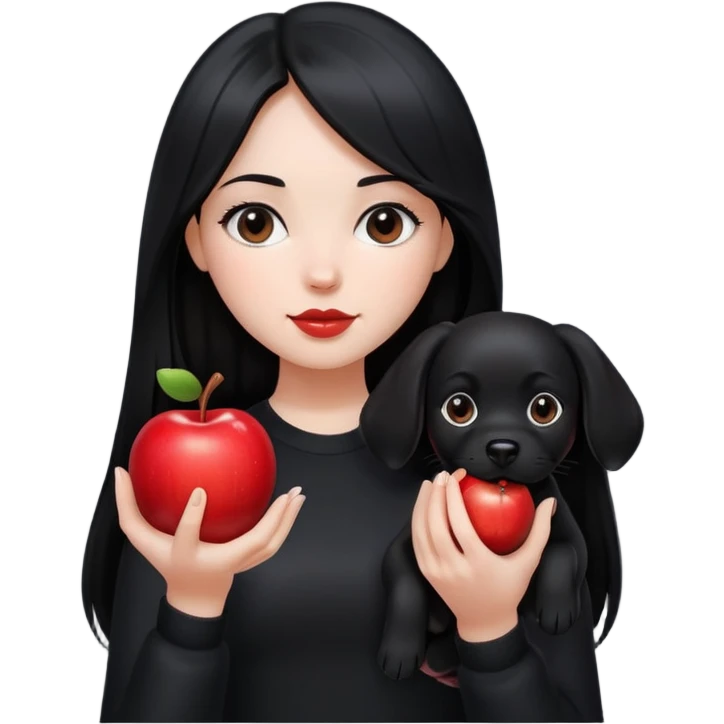 A girl with long black hair wearing black clothes holding a black dog in one hand and an apple in the other hand emoji