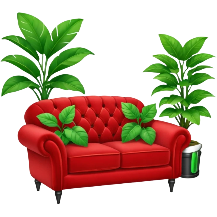 red velvet couch with a mic in front and a houseplant in the background emoji