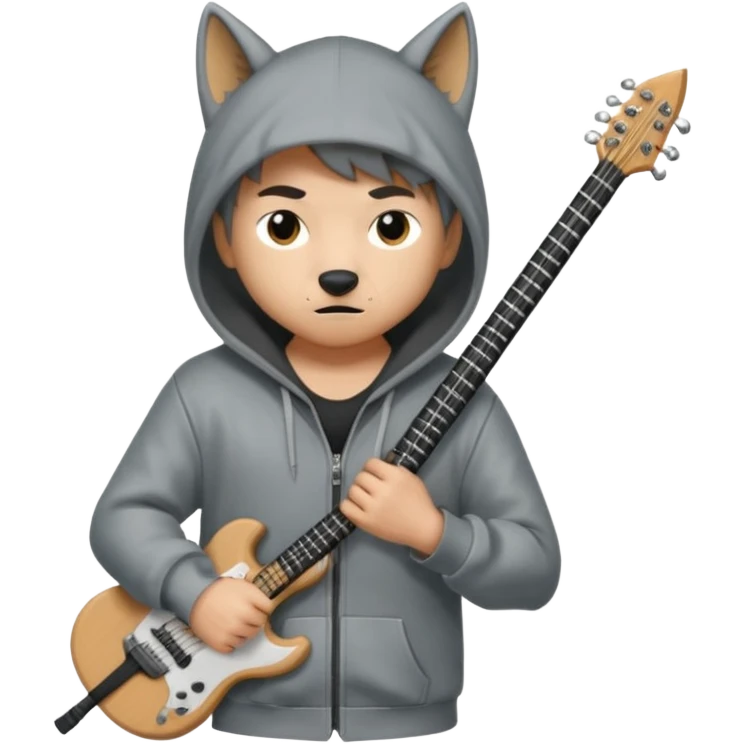 Wolf Cut boy wearing hoodie with a katana on his back and a guitar behind him emoji