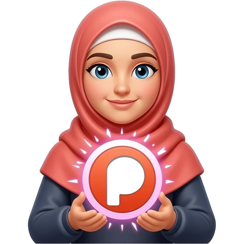 A beautiful young Muslim woman in a shimmering coral hijab, holding a glowing, 3D Patreon logo (the round 'P' icon) that emits warm pink and white sparks. Text below: 'What do they get in?'. Clean white background, high-quality sticker style emoji