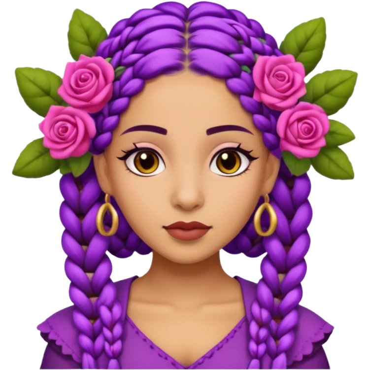 Olive skin queen with purple braids, brown eyes surrounded by roses emoji