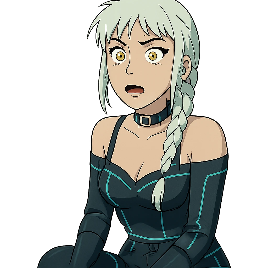 a shocked facial expression, a closeup portrait of young woman with gold yellow eyes, white hair, long braid, black off-shoulder top d-cup, punk gothic style, futuristic cyberwave cyberpunk, sitting position emoji
