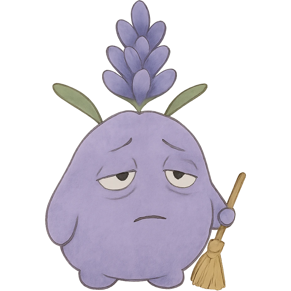 chubby lavender-colored lavender flower character with droopy eyes and a tired face, holding a tiny broom, soft Ghibli style emoji