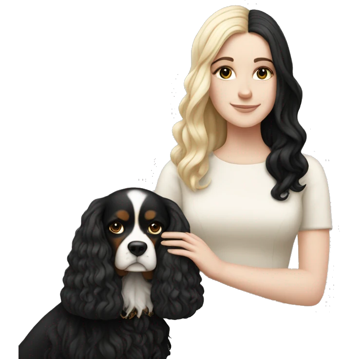 white girl pale with black hair holding king charles emoji