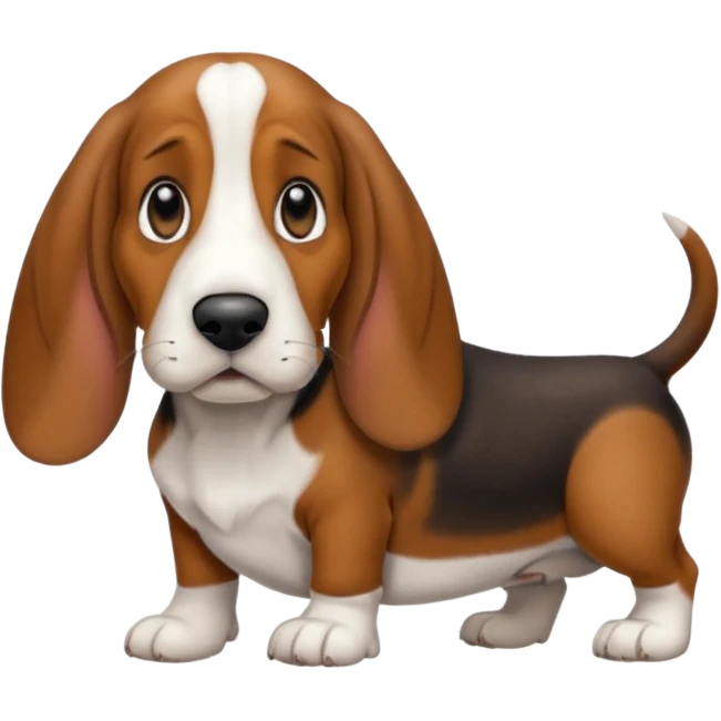 Basset hound with smaller ears, brown face black nose and black ears. White belly chest and feet emoji