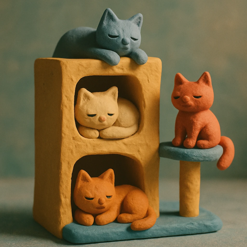 cats relaxing in a vertical playhouse emoji