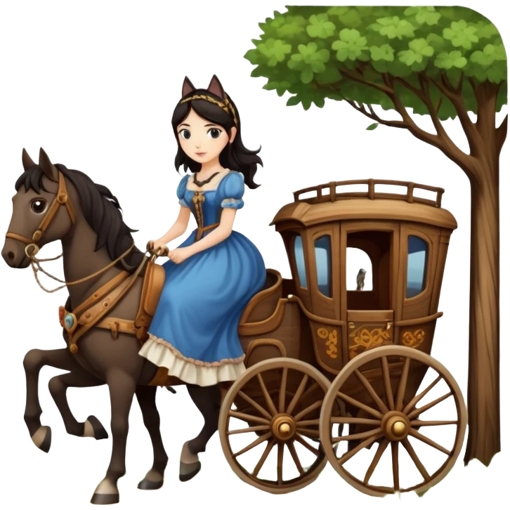  Rustic wood detailed 1854 pretty dark-haired Catgirl driving a huge horse-drawn stagecoach Caravan alone on a romantic trail in the woods  emoji