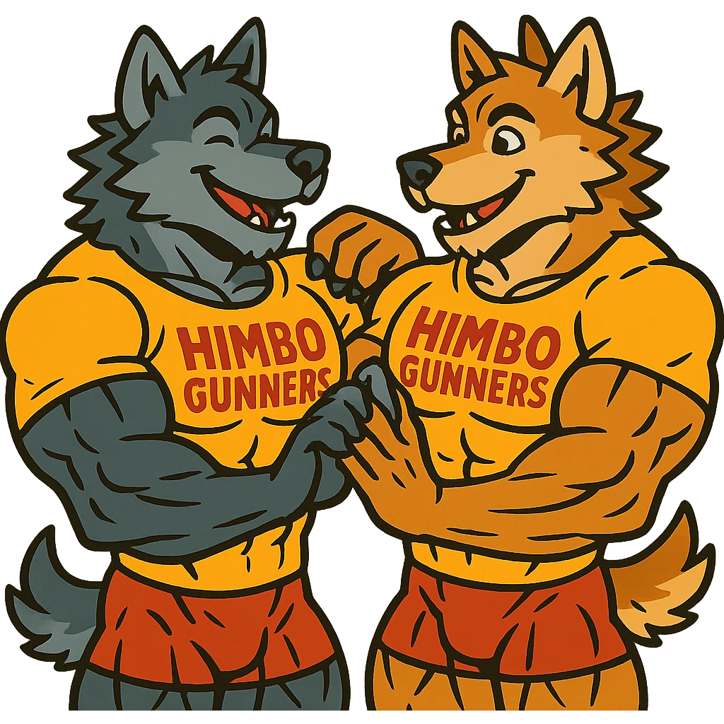 two super buff wolf furries in matching 'Himbo gunners' t-shirts, touching and admiring each other's muscles, happy and confident, exaggerated muscle definition, detailed fur and anatomy, ultra high quality emoji