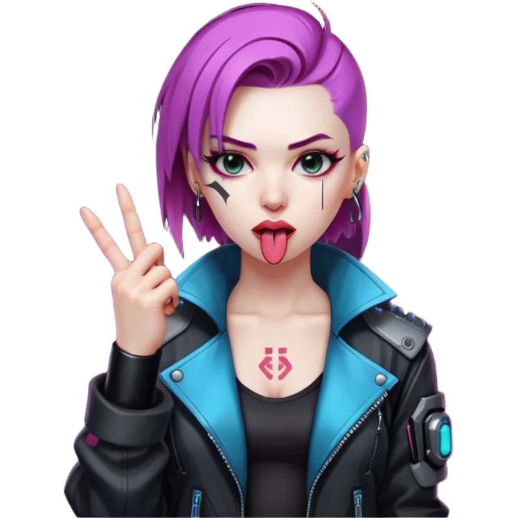 Woman with her tongue out in cyberpunk clothing and giving the middle finger. Looking naughty. emoji