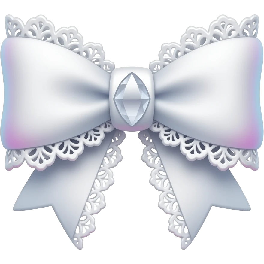 3D emoji gothic bow, white velvet, subtle light blue pink gradient filigree, white lace trim, white gem, elegant emoji