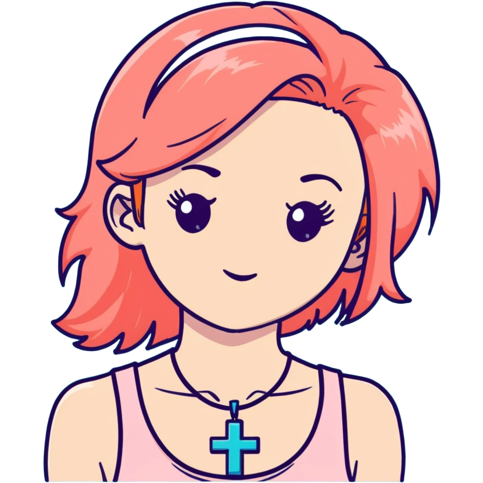 Auburn ginger haired girl with eyelashes wearing a cross necklace and a light coral pink tank top emoji