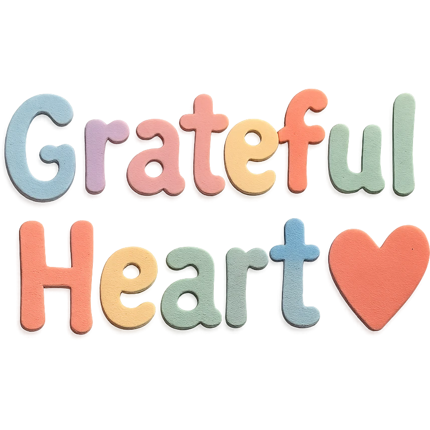 Cute hand-drawn font "Grateful Heart" in soft pastel rainbow soft puffy lettering, no outline, transparent background emoji