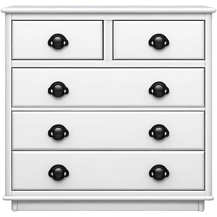 sleek white dresser with 6 drawers, each featuring one small black knob, minimalist and stacked emoji