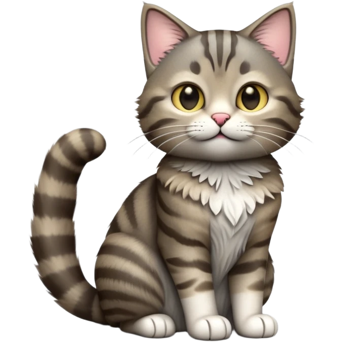cinematic-[grey brown tabby cat]-realistic-full-body-sitting-emoji,-tail-curled-playfully-around-its-paws,-head-tilted-dramatically,-scruffy-[grey]-fur,-simplified-yet-realistic-focused-features,-highly-detailed,-glowing-with-an-almost-sarcastic-glow emoji
