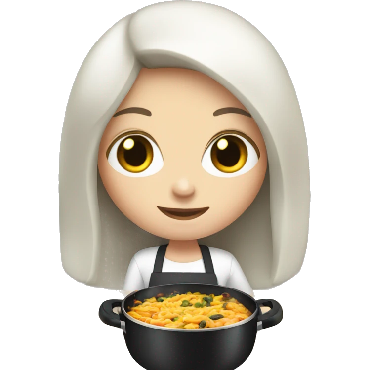 Pale girl with long black hair cooking dinner  emoji