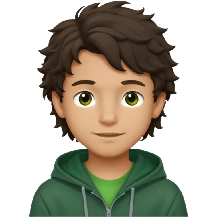 a 14 year old slightly tanned teenage boy with dark brown tousled wavy hair, dark brown eyes wearing a green tshirt, with a dark green hoodie overcoat. smirking. full body emoji