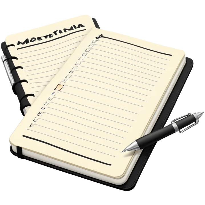 A classic black Moleskine notebook open to show an agenda page with meeting items and bullet points emoji