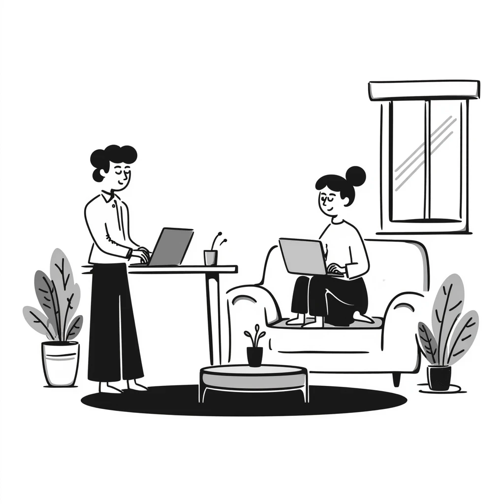 escenary 3d of a cozy mid-century living room with two people working on laptops, one man standing at a desk, and one woman sitting on a couch emoji