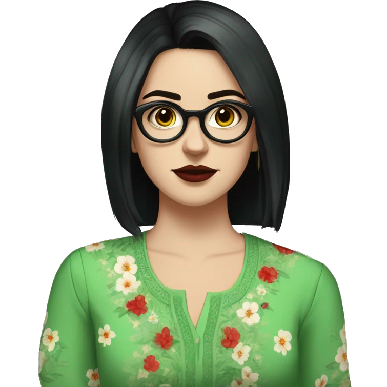 White girl in a green kurta with flower design, glasses, alot of piercing, gay, red lips, nose ring, full body, short straight black edgar hair, black straight hair emoji