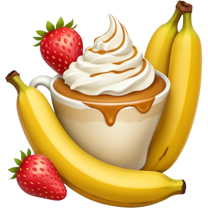 Coffee caramel, whip, whipped cream, a big banana sticking out of it with two cherries by the half un peeled banana sticking out instead of cherries make them strawberry’s right next to the un peeled banana at the base emoji