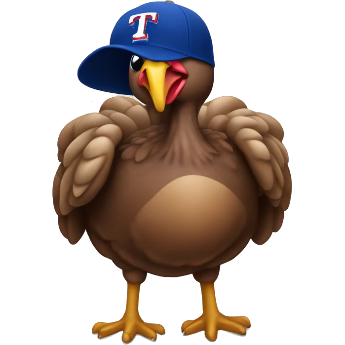Turkey wearing a texas rangers jersey and baseball cap emoji