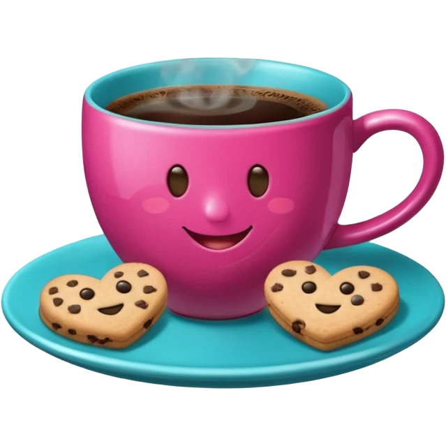 cup of coffee, steaming, the smoke should come out in the shape of a heart, the color of the cup is fuchsia, the cup has a happy face printed on it, the cup rests on a turquoise blue plate, and there are cookies and sugar cubes around the cup. emoji