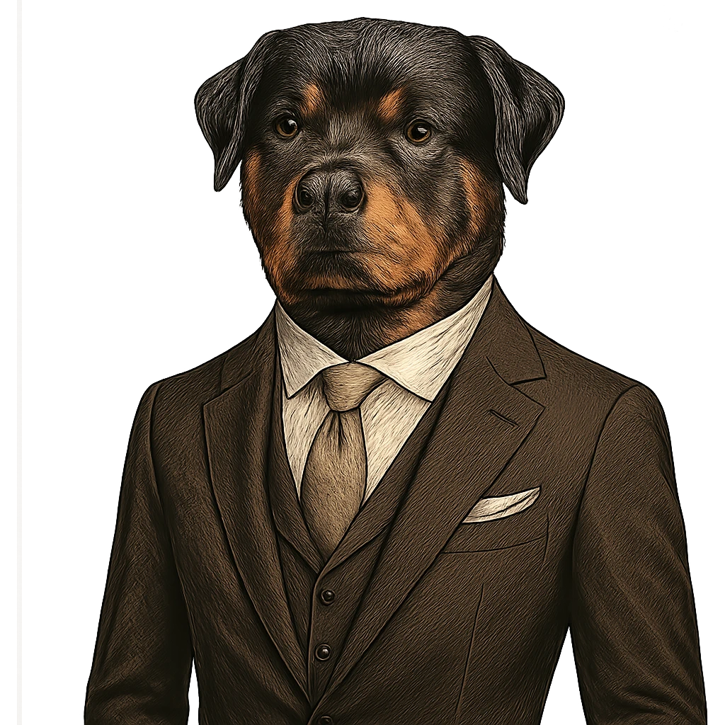 Rottweiler dog in a tailored suit, elegant and stylish emoji