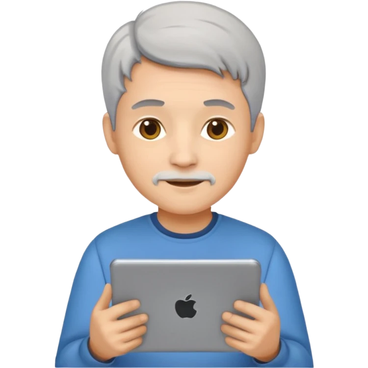 Make the hair gray or white, keep the emoji style of a younger programmer with a tablet and a laptop. emoji