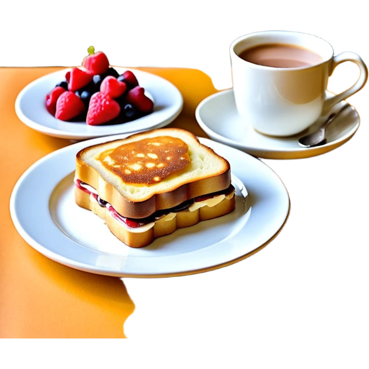 Un joli plateau sur lequel repose un délicieux petit déjeuner composé d’un croque-monsieur croustillant, d’un bol de yaourt aux fruits, d’une tasse de chocolat chaud garnie de guimauves et d’un joli vase contenant deux fleurs d’hibiscus emoji