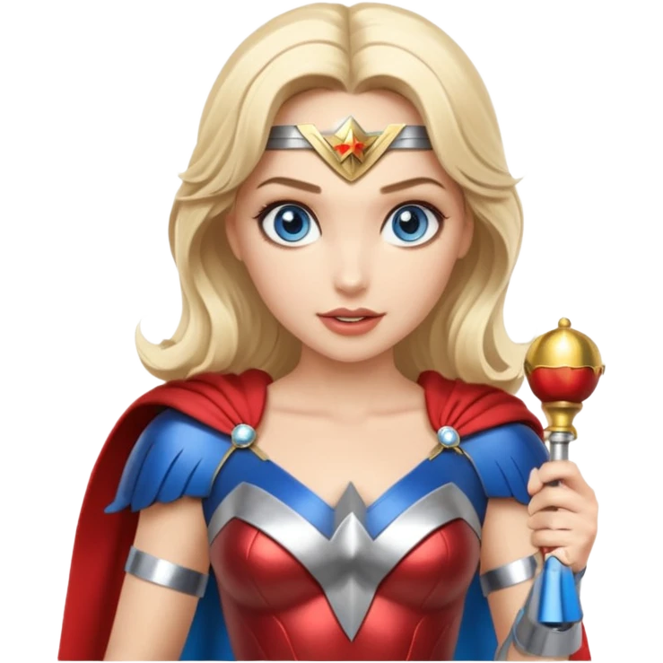Blonde blue eyes Wonder Woman holding bell and short, thin, white baton emoji