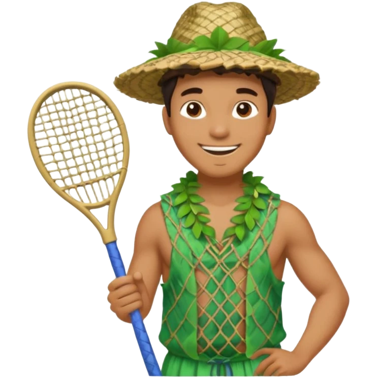 Hawaiian man with leaf hat and big net racket and colorful cloth emoji