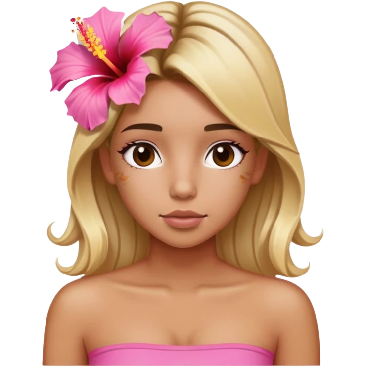 tan girl with blonde hair and brown highlight streaks with a hibiscus flower in her hair wearing a pink tube top with tan lines showing emoji
