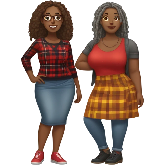 A Curvy woman gray locs wearing pants  other curvy woman is brown with red locs in a skirt with plaid sweater shopping emoji