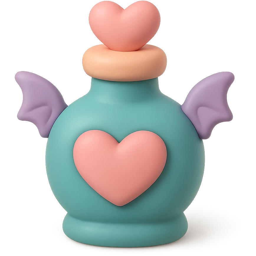teal goth potion bottle with a heart motif, soft and cute gothic look, mochi style emoji