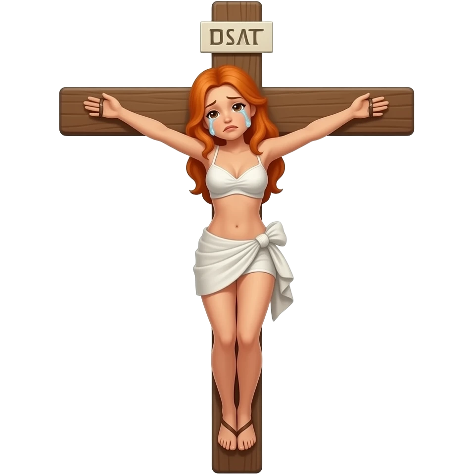 Woman crying with orange hair and brown eyes being crucified on a cross Zoomed out whole body emoji