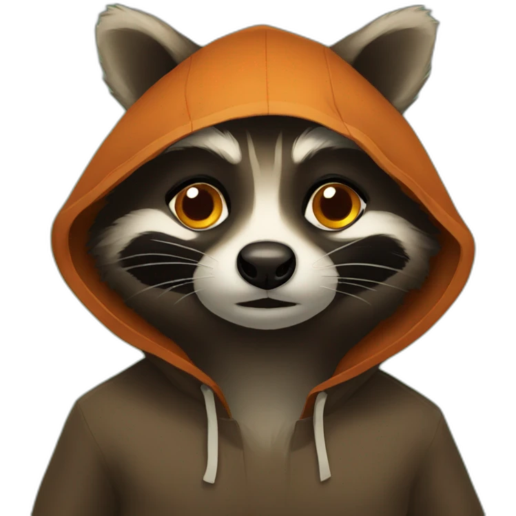 brown raccoon with orange eyes and a dark green hood that is sad emoji