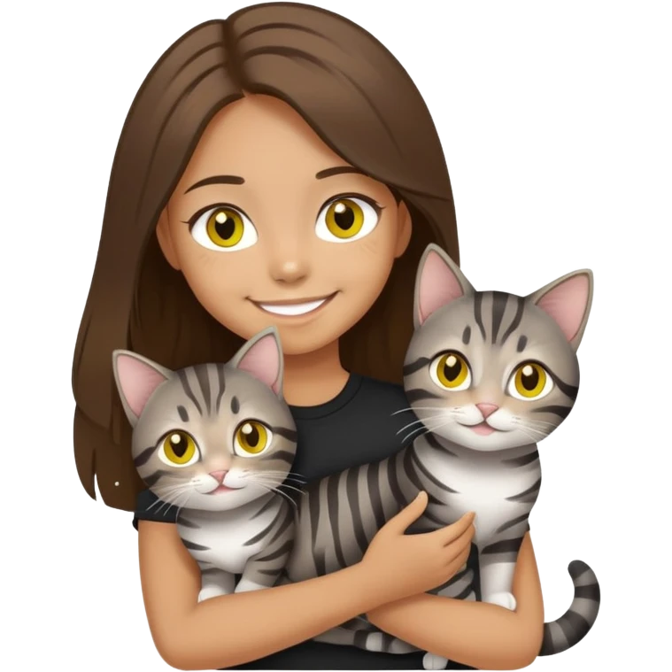 smiling girl in black shirt with the brown hair holding two grey striped silver tabby with bright yellow eyes emoji