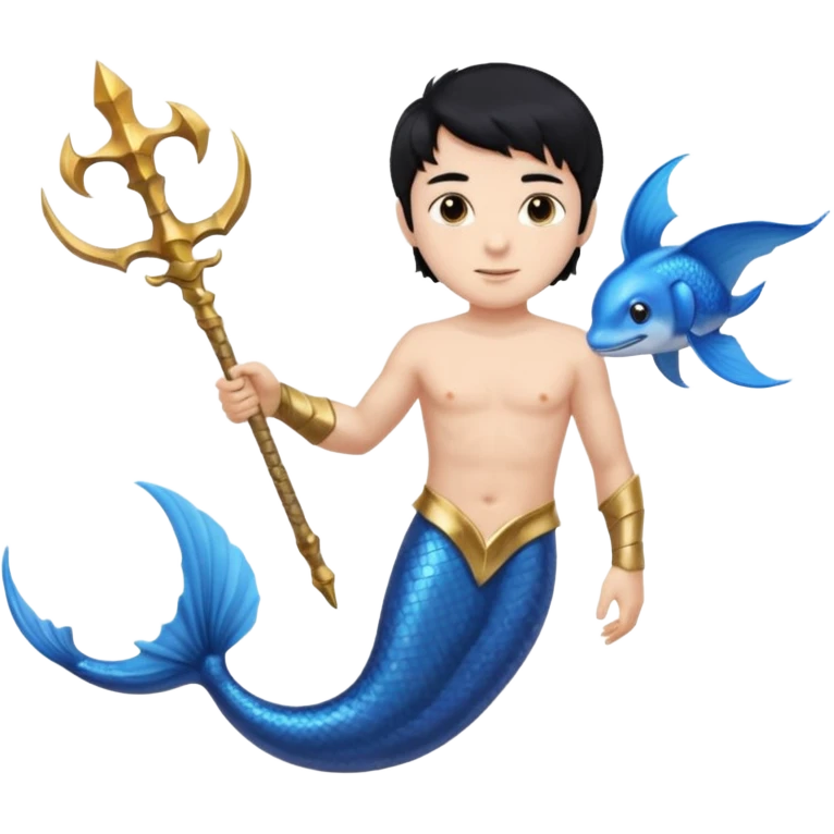 boy, black hair, brown eyes, white skin, Triton, with Triton in hand and blue Triton tail on the side. emoji