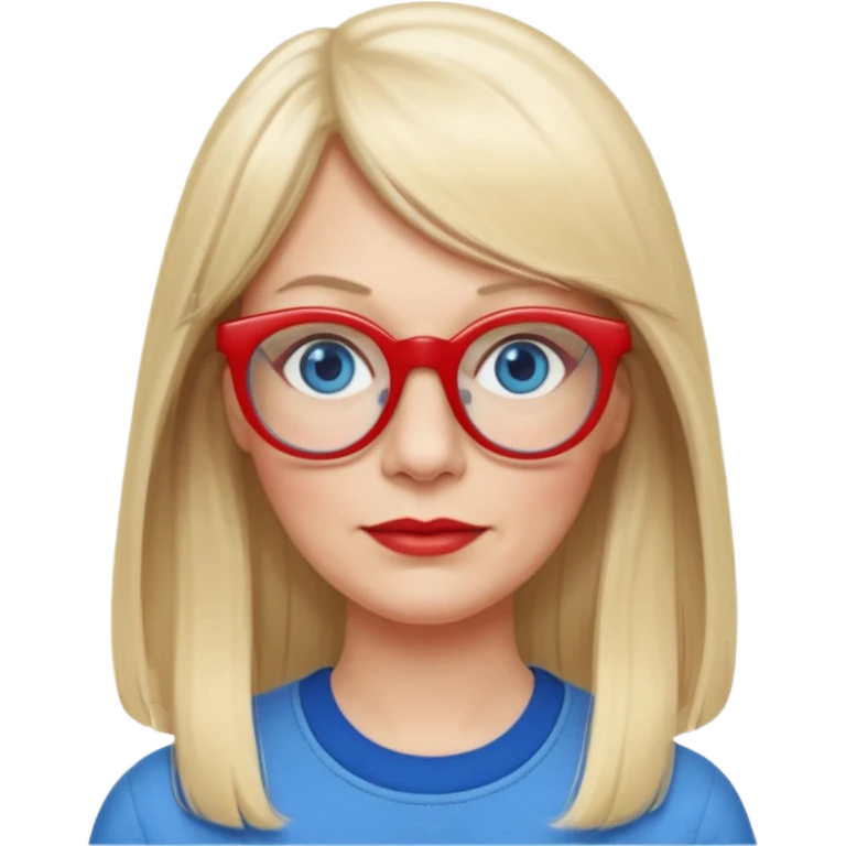 50 yr old white woman, pale skin, long straight blond hair parted in center, blue eyes, bangs, clothes for school, big red glasses, oval face,  emoji