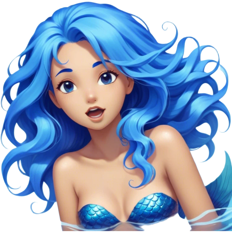 Cinematic Realistic Blue Hair Mermaid Portrait, head tilted slightly with a dramatic, wide-open yawn, revealing a tender, relaxed visage with intricately detailed, tanned skin and vibrant, cascading blue hair softly billowing around her. Her dreamy eyes exude a serene, aquatic charm, rendered with gentle underwater lighting and a soft, high-shine finish that captures the essence of a drowsy yet captivating mermaid drifting into tropical slumber. emoji