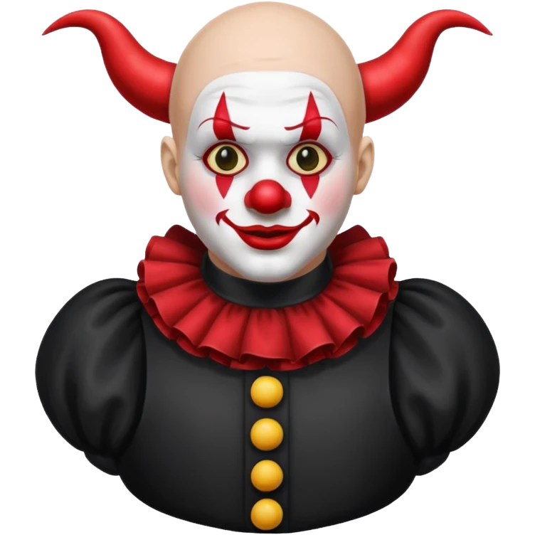 Crea un payaso con toda la cara blanca sin pelo con cuernos de color negro, que su cuerpo tenga un traje de payaso negro con rojo emoji