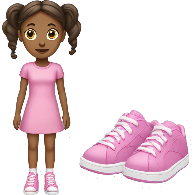 Young brown girl with two ponytails, pink dress and pink sneakers emoji