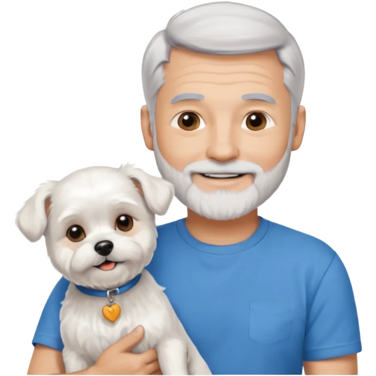 handsome gentleman, 60 years old, silver hair in crew cut style, full beard, wearing a blue t-shirt, smiling and holding a maltese dog emoji